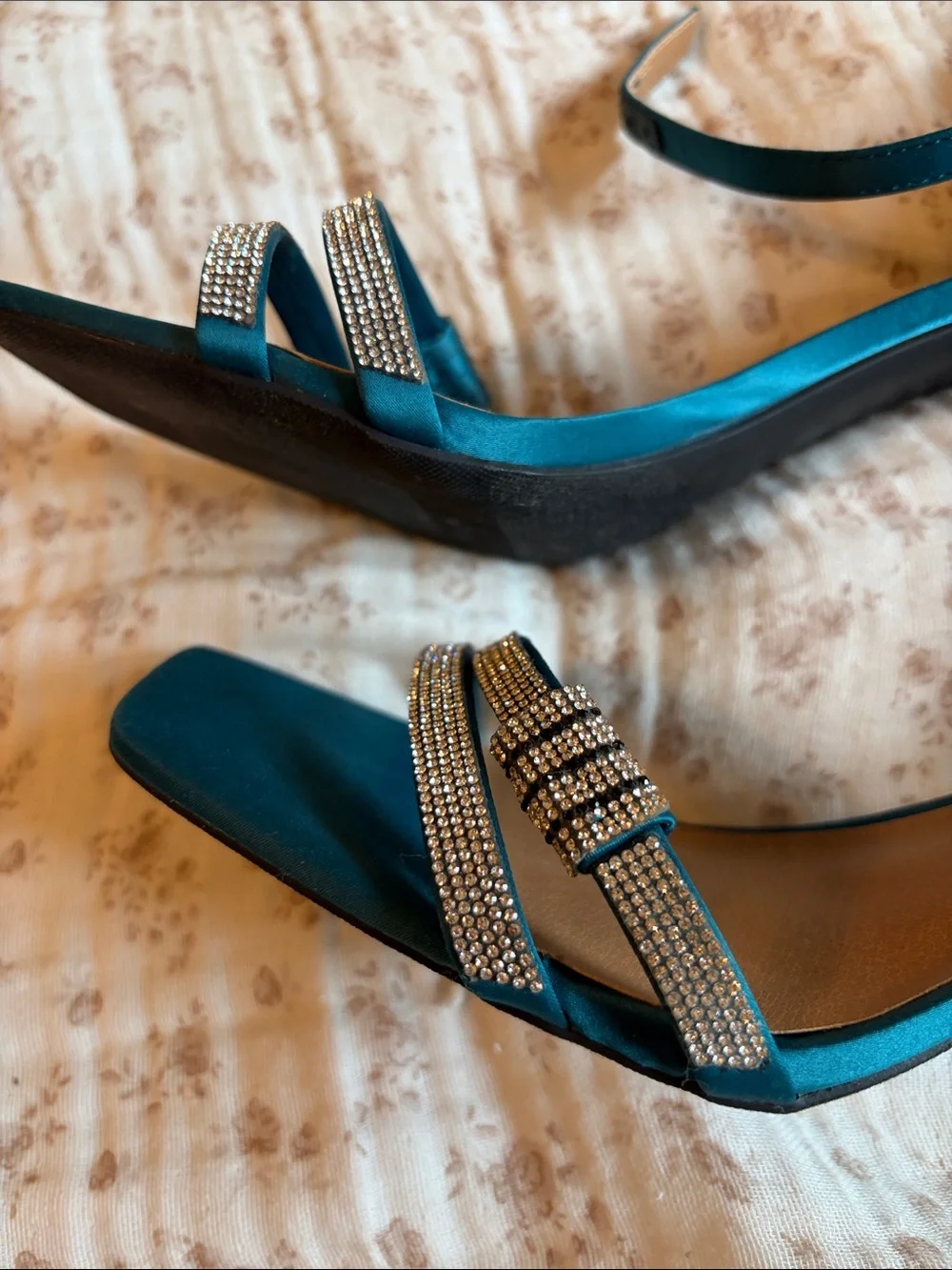 Teal Satin Ankle-Strap Evening Heels with Crystal Accent